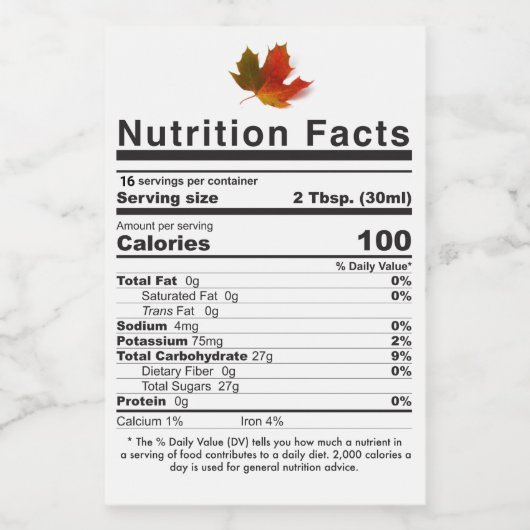 NEUE 2020 Ahornsirup Leaf PreCalculated Nutrition Lebensmitteletikett (Einzelnes Label)