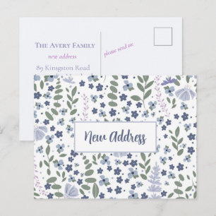 Neue Adresse Aquarell Blumen Blau und Lavendel Postkarte