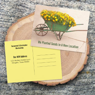 Neue Adresse Blumen Vintage Schubkarre Vorlage Postkarte