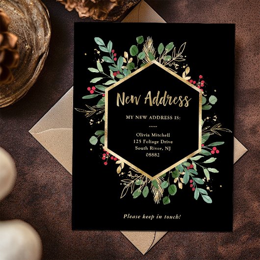 Neue Adresse | Christmas Gilded Greenerity Black Postkarte