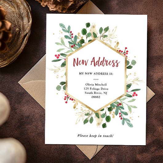Neue Adresse | Christmas Gilded Greenery White Postkarte