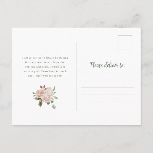 Neue Adresse | Dusty Peach Blume and Greenery Postkarte (Rückseite)