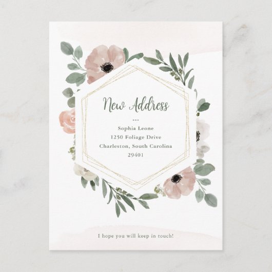 Neue Adresse | Dusty Peach Blume and Greenery Postkarte (Vorderseite)