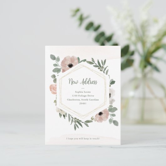 Neue Adresse | Dusty Peach Blume and Greenery Postkarte (Stehend Vorderseite)