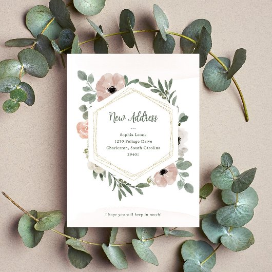 Neue Adresse | Dusty Peach Blume and Greenery Postkarte