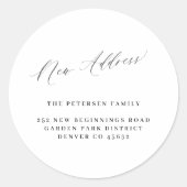 Neue Adresse einfache Schwarz-weiße Meldung Runder Aufkleber (Vorderseite)