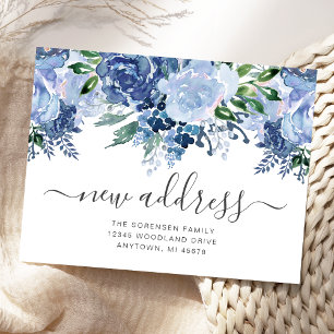 Neue Adresse Floral Dusty Blue Umzugsankündigung Postkarte