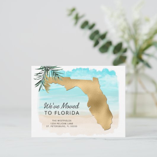 Neue Adresse Florida Map Beach Szene Moving Ankündigungspostkarte (Stehend Vorderseite)