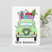 Neue Adresse grün Retro Fiat 500 Weihnachtsgeschen Einladung (Stehend Vorderseite)