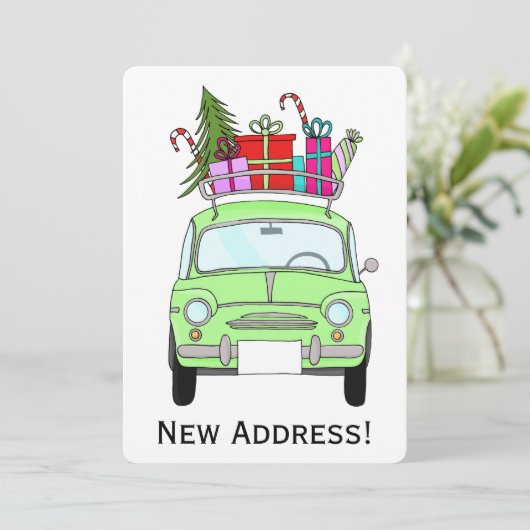 Neue Adresse grün Retro Fiat 500 Weihnachtsgeschen Einladung (Stehend Vorderseite)