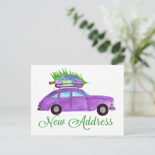 Neue Adresse Klassischer Weihnachtswagen Postkarte (Stehend Vorderseite)