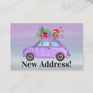 Neue Adresse Lila Fiat 500 mit Weihnachtsgeschenke Visitenkarte
