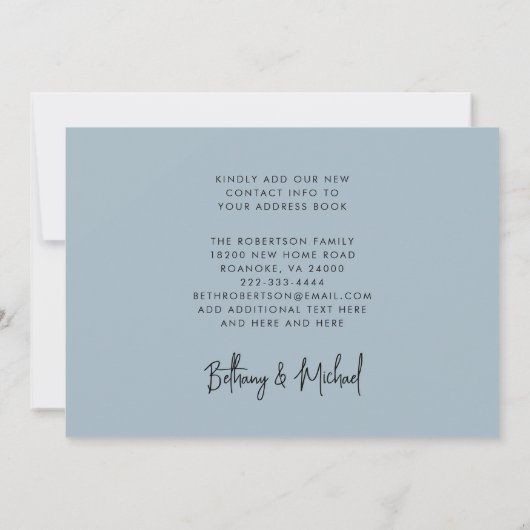 Neue Adresse Moderne Kalligrafie Dusty Blue Moving Ankündigung (Rückseite)