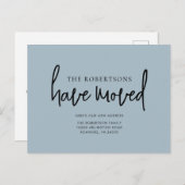 Neue Adresse Moderne Kalligrafie Dusty Blue Moving Ankündigungspostkarte (Vorne/Hinten)