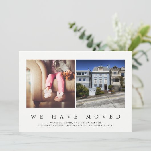 Neue Adresse | Modernes Minimalistisches Zwei-Foto Ankündigung (Stehend Vorderseite)