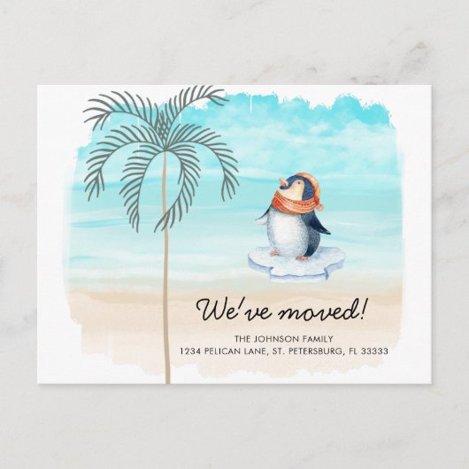 Neue Adresse Niedlich Pinguin Florida Beach Moving Ankündigungspostkarte (Vorderseite)