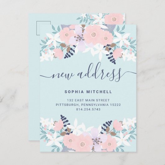 Neue Adresse | Niedliche blaue Pastellblume Ankündigungspostkarte (Vorne/Hinten)
