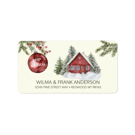 Neue Adresse Red Cabin Snow mit Evergreens Adressaufkleber (Vorne)
