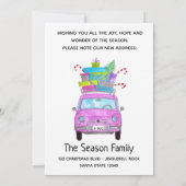 Neue Adresse rosa Auto mit Weihnachtsgeschenken Einladung (Rückseite)