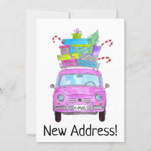 Neue Adresse rosa Auto mit Weihnachtsgeschenken Einladung