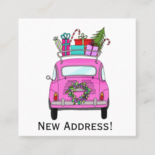 Neue Adresse Rosa Fiat 500 mit Weihnachtsgeschenke Quadratische Visitenkarte (Vorderseite)