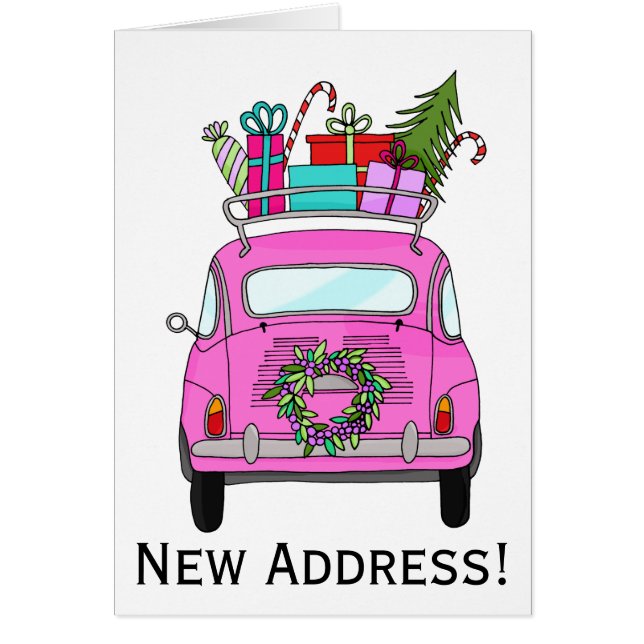 Neue Adresse Rosa Retro Fiat 500 Weihnachtsgeschen (Vorne)