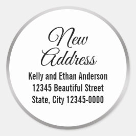 Neue Adresse Silver White und Black Script Elegant Runder Aufkleber