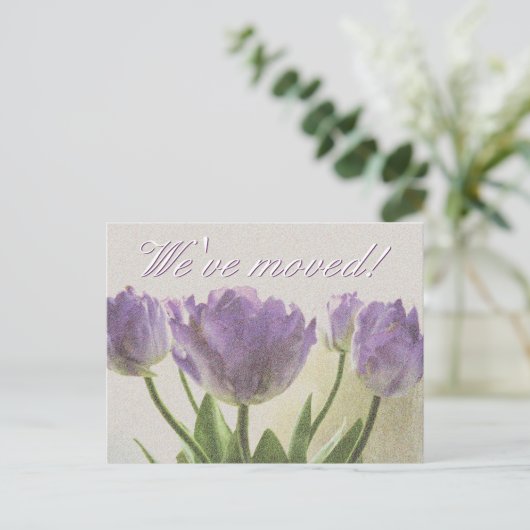 Neue Adresskarten mit lila Tulpendruck Ankündigungspostkarte (Stehend Vorderseite)