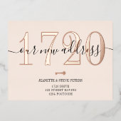 Neue Adressnummer Rose Gold Blush Skript verschieb Folie Einladungspostkarte (Vorderseite)