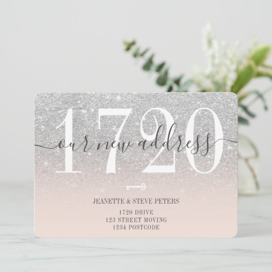 Neue Adressnummer Silber-Glitzer-Skript verschiebe Ankündigung (Stehend Vorderseite)