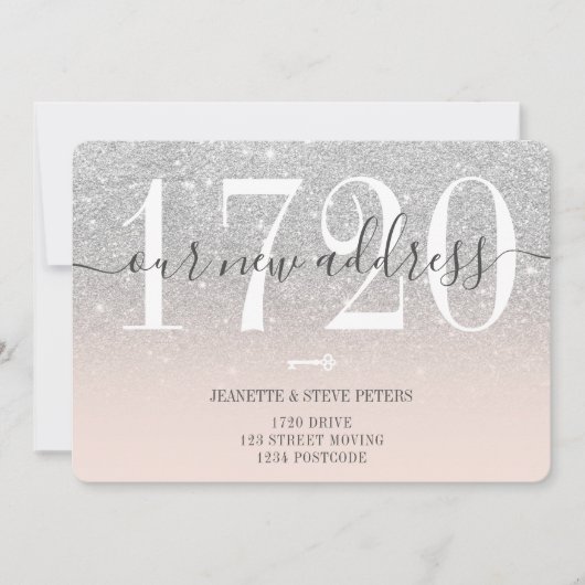Neue Adressnummer Silber-Glitzer-Skript verschiebe Ankündigung (Vorderseite)