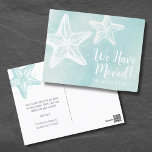 Neue Ankündigungskarte für das Verschieben von Adr Postkarte<br><div class="desc">Eine atemberaubende, sich bewegende Anzeigenkarte. Lass deinen Freunden und der Familie, dass "wir umgezogen sind" und eine Änderung der Adresse. Niedliches und schlichtes, modernes Strandmotiv. Ein aquamariner, blauer Aquarell mit weißem Seestern direkt vom Ozean! Sie können natürlich alle Schriftart- und Textfarben ändern und sogar die Farbe des Seesterns ändern! Ankündigungskarte...</div>