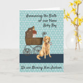 Neue Baby Boy Ankündigung mit Baby, Carriage, Hund (Gelbe Blume)