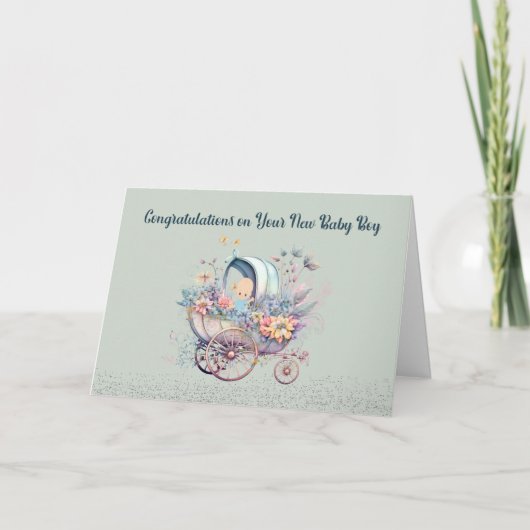 Neue Baby Boy Card mit Carriage & Blume Dankeskarte (Vorderseite)