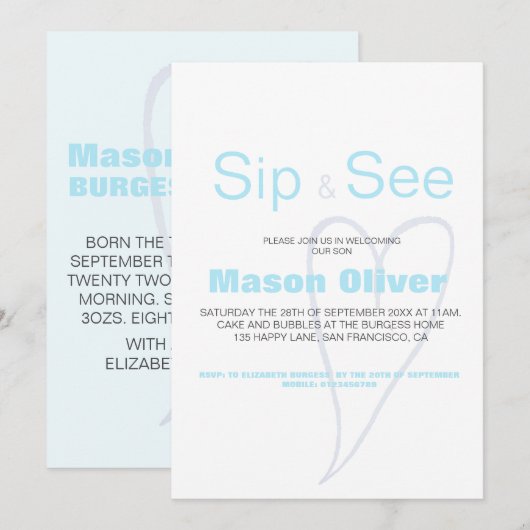 Neue Baby Boy Sip und sehen Sie mit Statistiken Einladung (Vorne/Hinten)