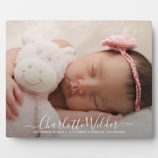 Neue Baby Foto Script Name Birth Stats Fotoplatte (Vorderseite)
