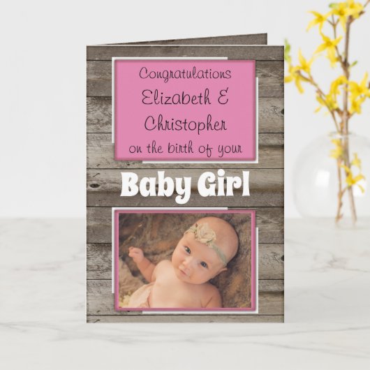 Neue Baby Glückwünsche Foto rustikal rosa Karte (Gelbe Blume)