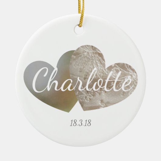 Neue Baby-/Tauflace & Perlherzverzierung Keramik Ornament (Vorne)