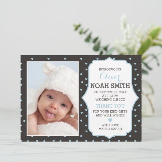 Neue Babyankündigung/Dankeschön-Karte - Herzen Dankeskarte (Stehend Vorderseite)