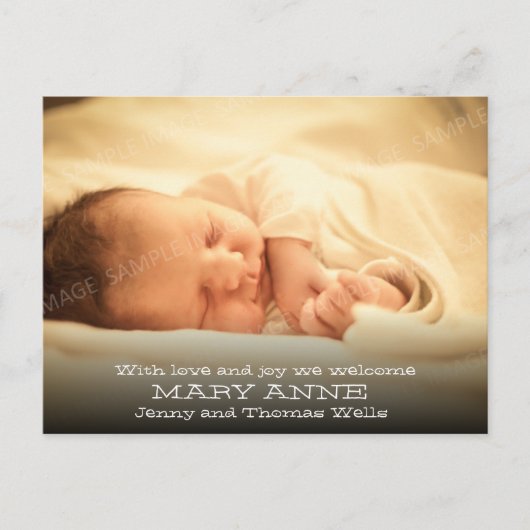 Neue Babyankündigung (weißer Text, horizontal) Ankündigungspostkarte (Vorderseite)