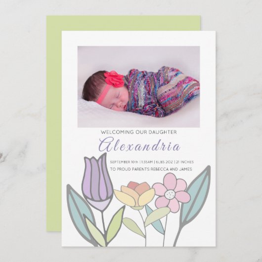 Neue Blume von Babypastel Personalisiert (grün) Ankündigung (Vorne/Hinten)