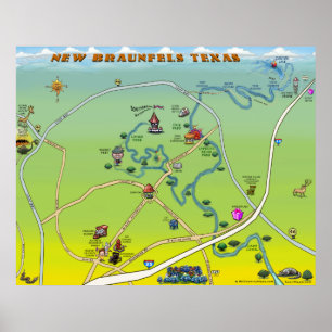 Neue Braunfels Texas Cartoon-Karte Poster