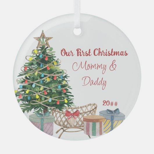 Neue Eltern Erster Weihnachtsbaum und Krippe Ornament Aus Glas (Vorderseite)