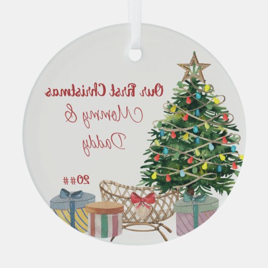 Neue Eltern Erster Weihnachtsbaum und Krippe Ornament Aus Glas (Rückseite)