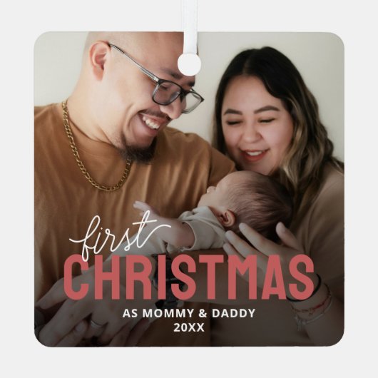 Neue Eltern Erstes Weihnachtsfest Foto Ornament Aus Metall (Rückseite)