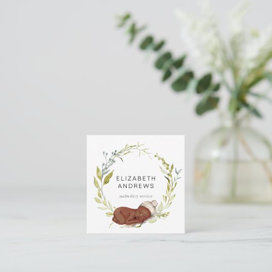 Neue Geboren-Eukalyptus-Kranz, moderne Visitenkart Quadratische Visitenkarte (Stehend Vorderseite)