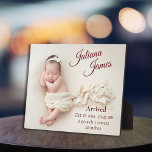 Neue geborene Baby-Foto-Geburtshinweis Achtung Fotoplatte<br><div class="desc">Die Einführung der eleganten Baby-Foto-Geburtsankündigung halten Sake-Plakette, eine schöne und zeitlose Art, die Ankunft Ihres wertvollen Kleinen zu gedenken. Diese atemberaubende Plakette zeichnet sich durch ein hochwertiges Foto Ihres Neugeborenen in sanften Pastelltönen aus, das der Ästhetik eine feine Touch verleiht. Die Plakette ist mit dem Namen Ihres Babys, dem Geburtsdatum...</div>