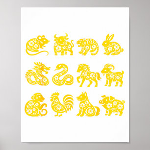 Neue glückliche Lunar-Tiere 12 Chinesisch Poster