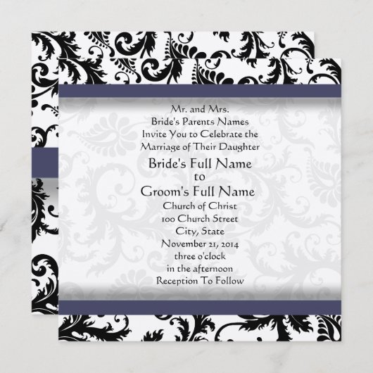 Neue Größe Damask Wirbel Hochzeitsfeier Einladung (Vorne/Hinten)