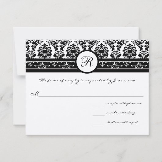 Neue Größe Schwarze Damaskus Swirl Wedding Respons RSVP Karte (Vorderseite)